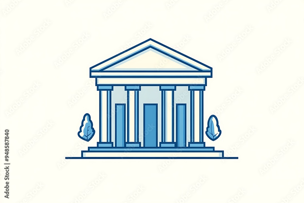 Poster modern bank building vector icon with minimal line art style and light blue color palette on cream b