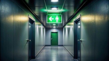 A green fire exit sign on ceiling and door in dimly lit corridor, emergency, safety, exit sign, evacuation, escape