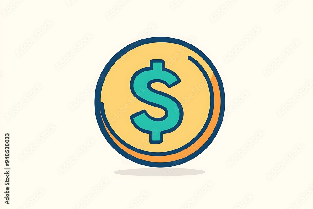 Poster minimal teal vector coin and dollar sign icon with bold outline on off-white background - high-resol