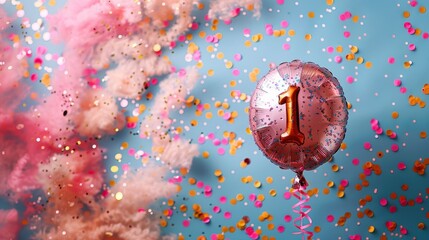 Festive birthday bash with a shiny number 1 balloon and colorful confetti!