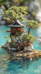 Fototapeta premium Miniature Bonsai Trees and Houses on a Rock in Still Water.