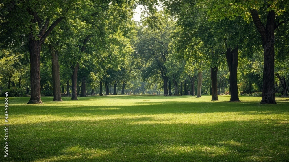 Poster tranquil park scene with trees and open space, providing a natural backdrop with room for text or gr