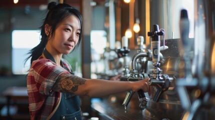 Asian woman brews beer in a cutesy apron at a brewery