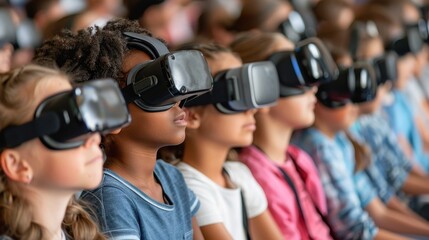 School children engage in immersive virtual reality learning experience in the classroom