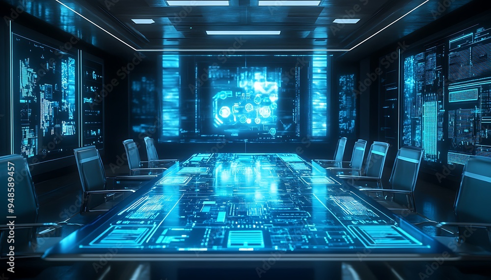 Poster high-tech boardroom with ai-driven interactive table and holographic screens, bright and futuristic 