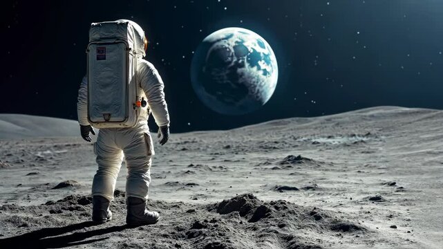 Astronaut explores lunar surface while gazing at Earth from the moon in stunning detail