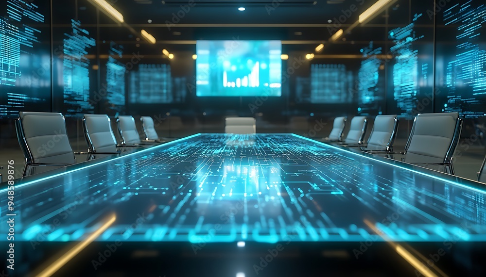Leinwandbilder high-tech boardroom with ai-driven interactive table and holographic screens, bright and futuristic 