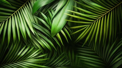 Vibrant palm leaves layered together, creating a refreshing and tropical background for a variety of uses