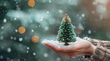 A female hand gently holds a mini Christmas tree surrounded by falling snowflakes outdoors