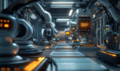 Fototapeta premium Modern Factory Floor with Robotic Arms and AI-Managed Machinery, Sterile and Precise Environment, Photo Realistic