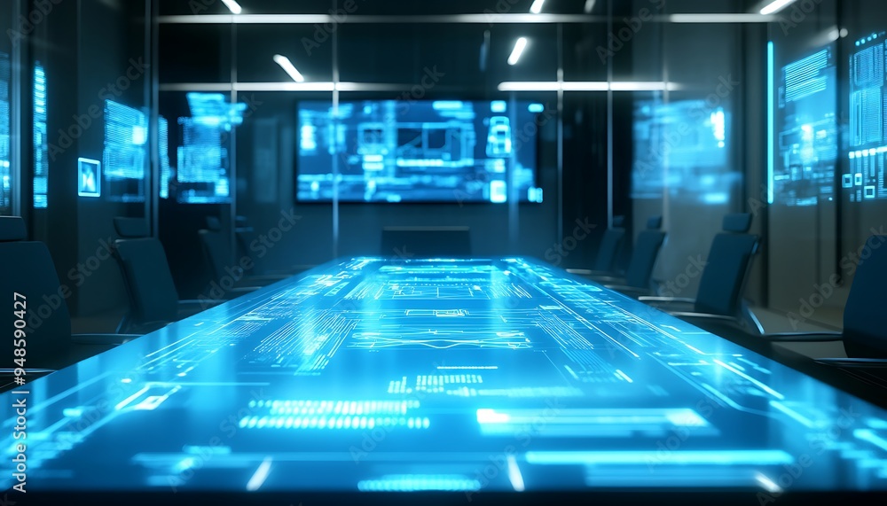 Aufkleber High-Tech Boardroom with AI-Driven Interactive Table and Holographic Screens, Bright and Futuristic Atmosphere, Photo Realistic