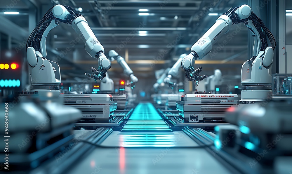 Poster modern factory floor with robotic arms and ai-managed machinery, sterile and precise environment, ph