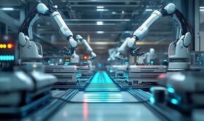 Modern Factory Floor with Robotic Arms and AI-Managed Machinery, Sterile and Precise Environment, Photo Realistic