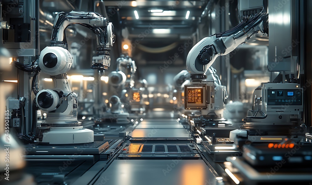 Poster modern factory floor with robotic arms and ai-managed machinery, sterile and precise environment, ph
