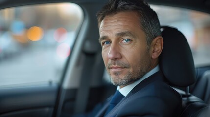Obraz premium Business executive commuting to work in the back seat of a car during morning rush hour