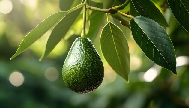 Close-up of a single ripe avocado hanging from a branch