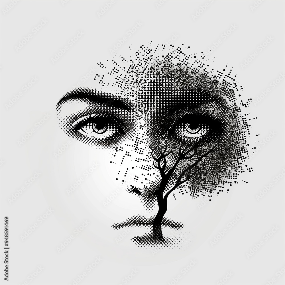 Poster surreal tree with eyes as leaves in halftone gradient made of dots, isolated on clear white background