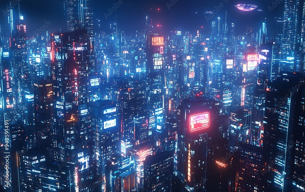 Poster smart cityscape at night with ai-driven data links and holographic advertisements, futuristic glow, 