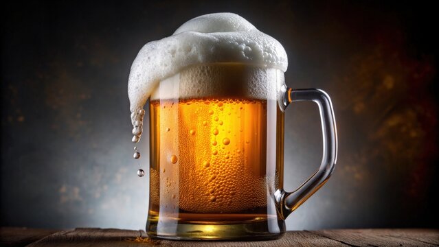 A close-up of a 1 litre glass of beer overflowing with foam on top, beer, ale, beverage, frothy, foam, drink, pint, brew, cold