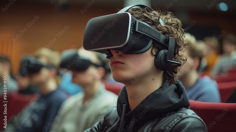 Poster university student engaged in virtual reality learning during a lecture in an auditorium