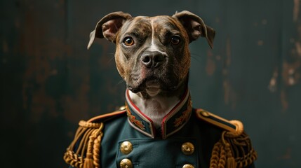 Obraz premium A noble dog in a historic military uniform posing against a dark backdrop