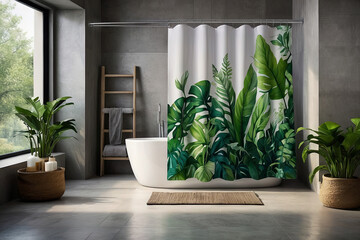 a advertising photo of shower curtain. light colours. the interior of modern bathroom