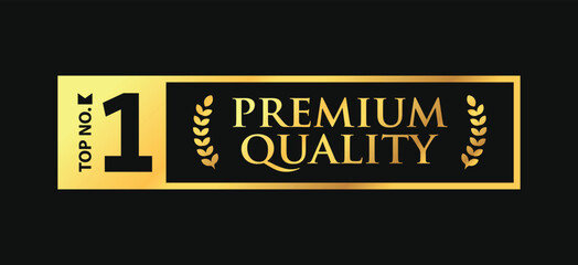 Top number 1 premium quality luxury gold vector label design element. Circle, ribbon, number one, laurel, golden frame isolated on black background