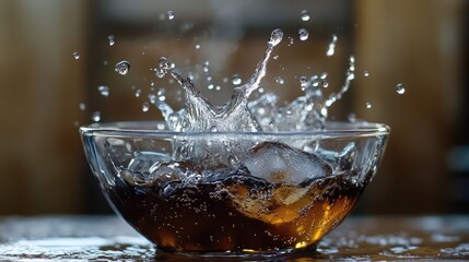 Water Droplet Splashing into a Glass of Cola with Ice