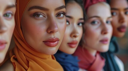 Obraz premium A diverse group of women stands united, showcasing strength in a vibrant setting