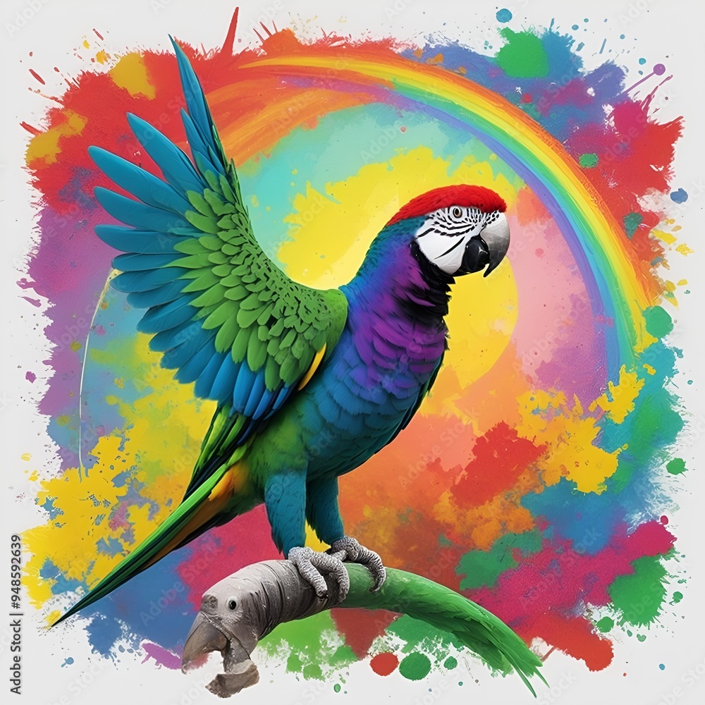 Wall mural parrot on a branch color splash background