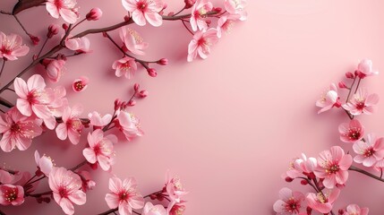 Obraz premium Spring cherry blossoms flat lay design with sakura branches and soft pink background