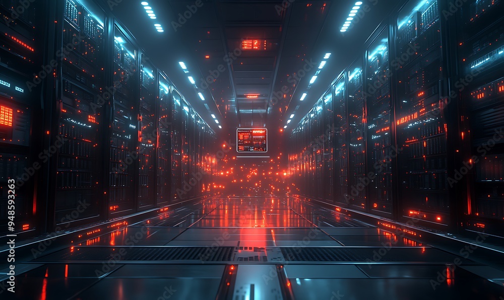 Poster advanced ai-controlled server room with glowing servers and holographic interfaces, technological so
