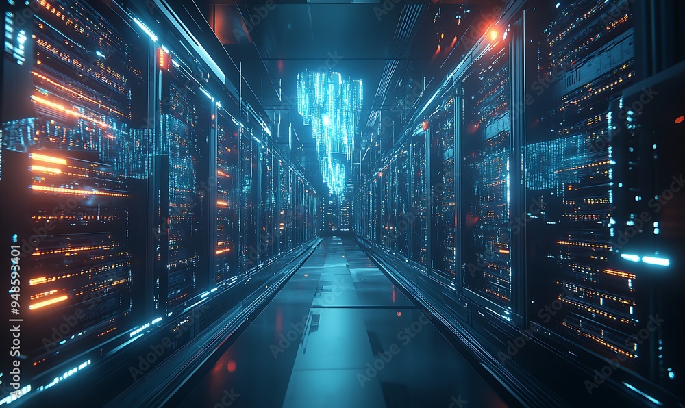 Aufkleber advanced ai-controlled server room with glowing servers and holographic interfaces, technological so