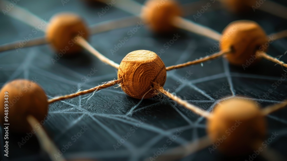 Poster wooden pegs connected by string represent communication technology in a network design concept