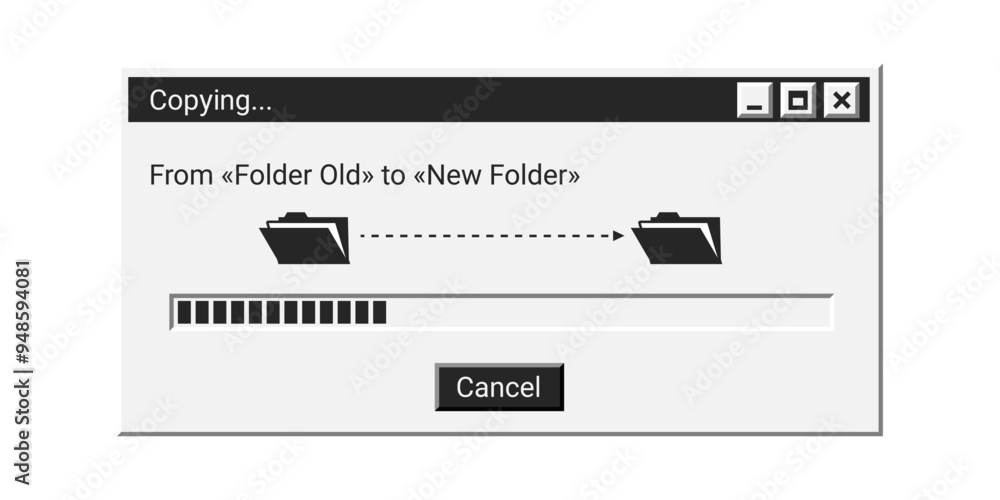 Poster retro loading window in black color with old folders. copying window in old style. file sharing wind