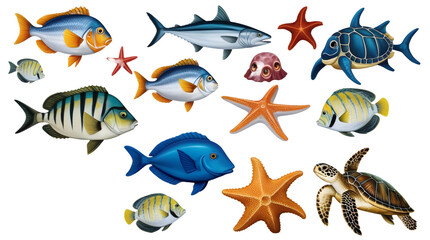 Vibrant Collection of Marine Life: Underwater Fish, Starfish, Octopus, and Sea Turtle Isolated on Background