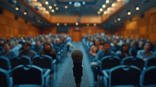 A microphone positioned in front of a large audience during an engaging conference on generative AI