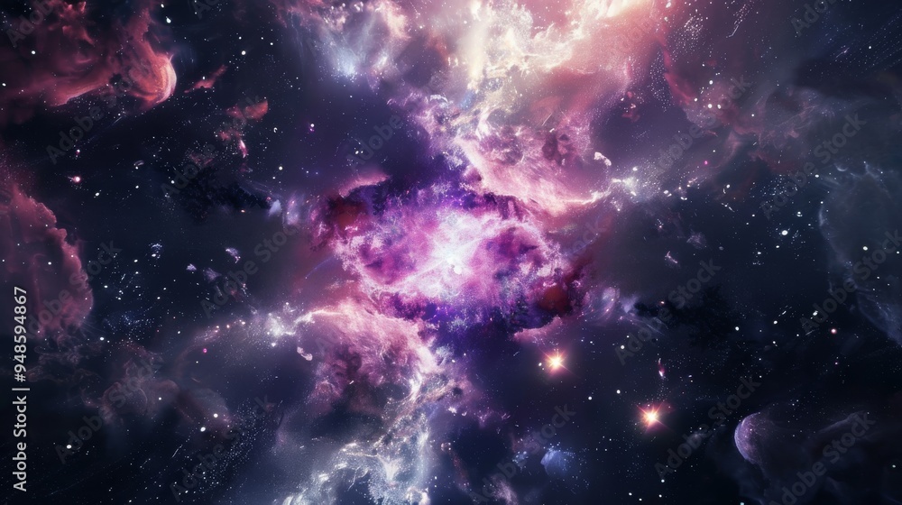 Wall mural A vibrant nebula in space with swirling clouds and bright stars.