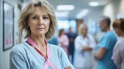 A woman standing in a busy hospital hallway, holding a pink ribbon and looking determined, with medical professionals bustling around her, symbolizing the strength, resilience, and perseverance