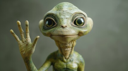 A friendly 3D alien character waves cheerfully while posing for the camera in a whimsical setting