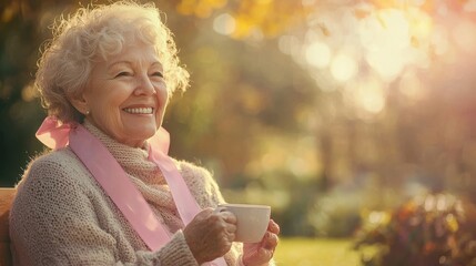 A senior woman with a warm smile, wearing a pink ribbon and sitting in a sunlit garden, with a cup of tea in her hands, symbolizing the joy and peace found in everyday moments after surviving breast