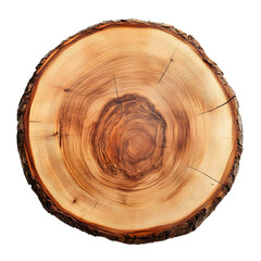 Top view smooth cross section tree stump slice with age rings wood grain isolated on white background.