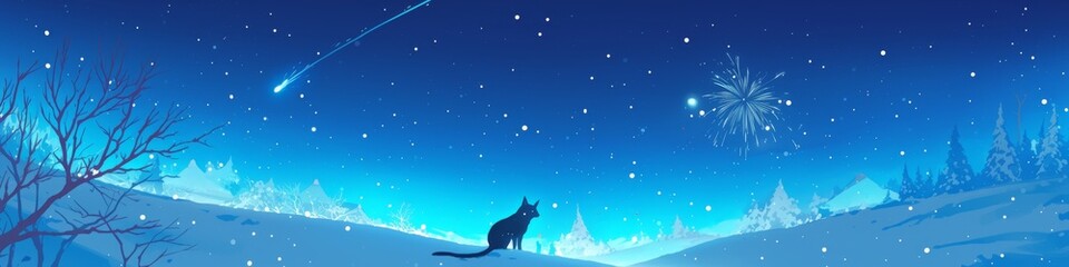 Magical Winter Night: Whimsical Civet Cat in Snowy Anime Wonderland with Shooting Stars and Fireworks. Enchanting Wildlife Scene Blending Fantasy and Nature for Captivating Marketing Visuals and Graph