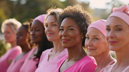 A diverse group of breast cancer survivors standing together in solidarity, wearing various shades of pink, with confident and strong expressions, set against a bright outdoor landscape, symbolizing