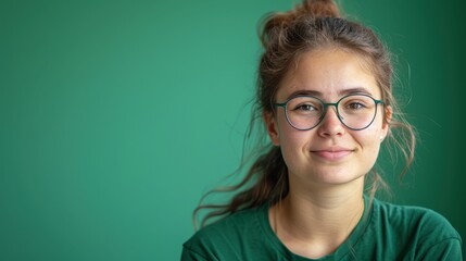 Fototapeta premium Friendly young volunteer in a green shirt smiles against a vibrant green background