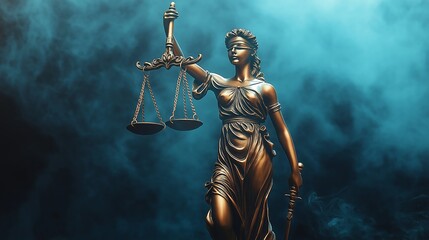 Bronze statue of the Goddess of Justice Themis.Copy space. Based on Generative AI