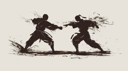 Dynamic vector silhouette of martial arts practitioners engaged in combat during a training session