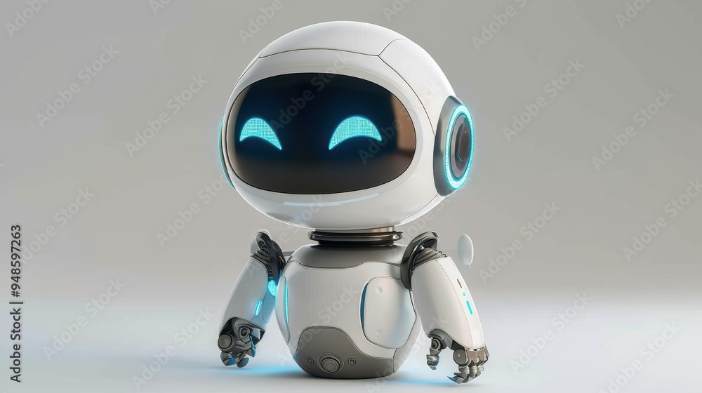 Poster a charming 3d-rendered robot character with glowing features standing on a simple background