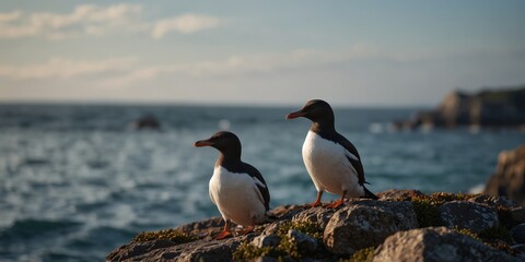 Fototapeta premium A Guillemots Perched on a Rock at the Edge of the Ocean.