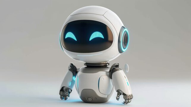 A charming 3D-rendered robot character with glowing features standing on a simple background
